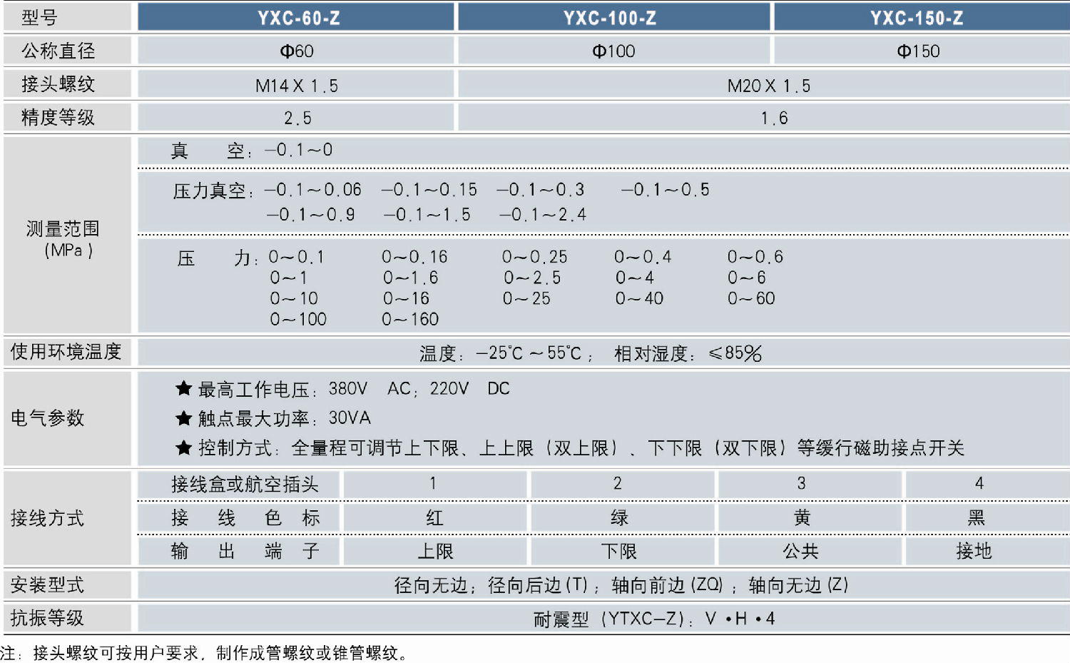 YXC-60-Z徑向耐震電接點(diǎn)壓力表技術(shù)參數(shù)